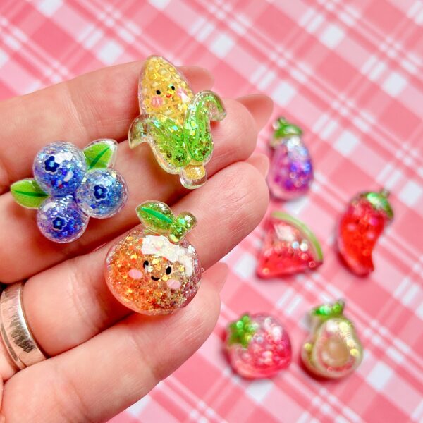Fruit & Veg Glitter Flat Back Charms Set 8pc