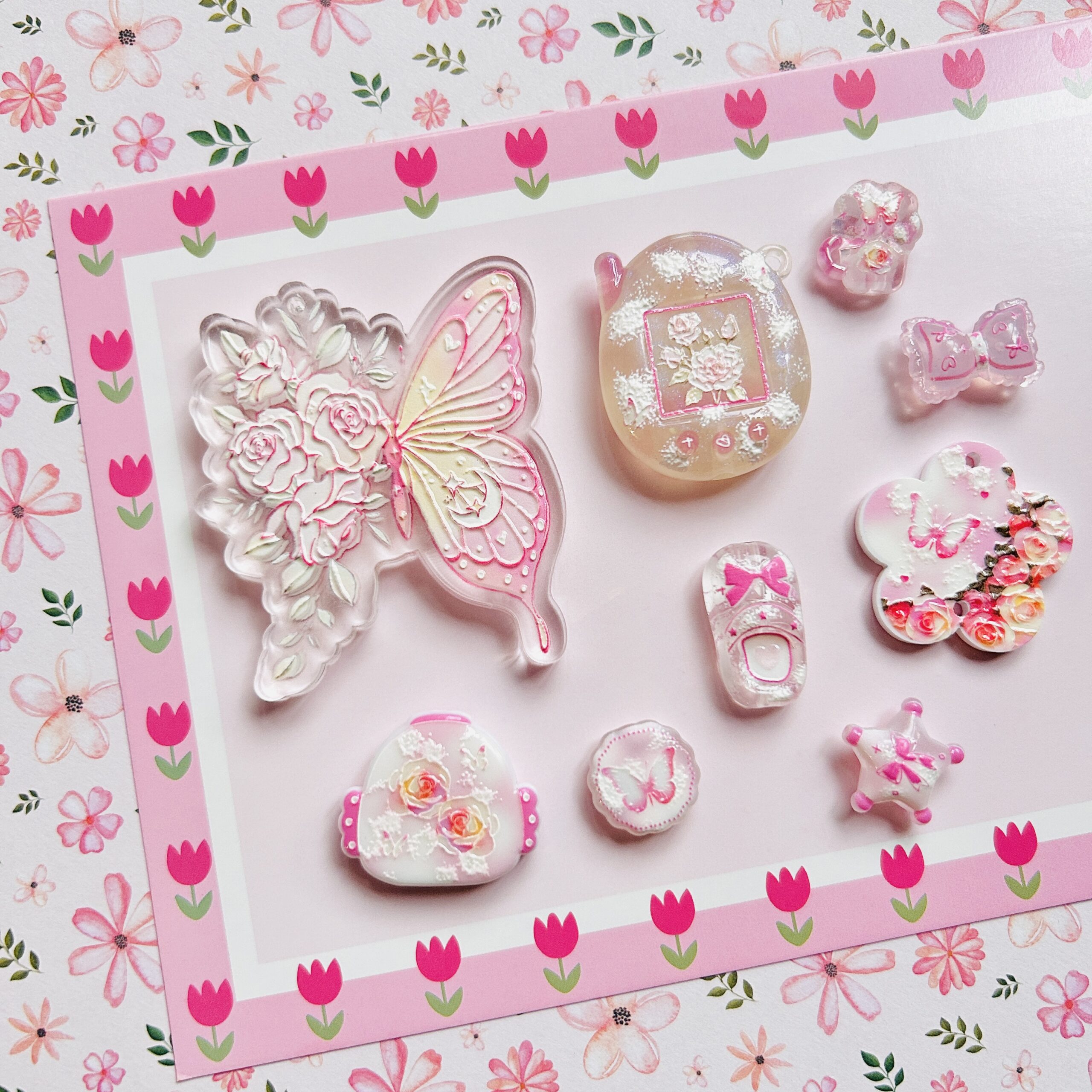 Pink Flower Butterfly Beads & Pendants Mix 9pc - Image 1